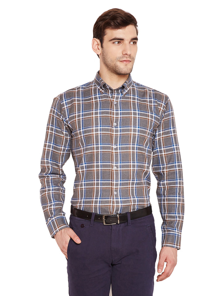 Men Grey & Navy Blue Checks Slim Fit Pure Cotton Formal Shirt