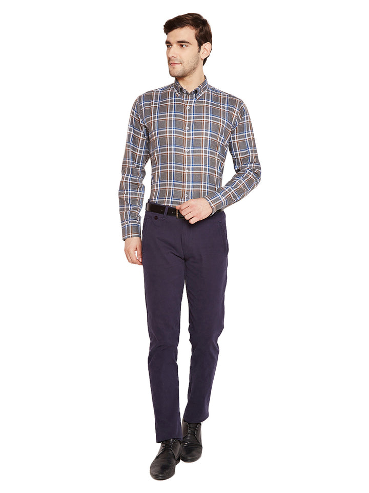 Men Grey & Navy Blue Checks Slim Fit Pure Cotton Formal Shirt