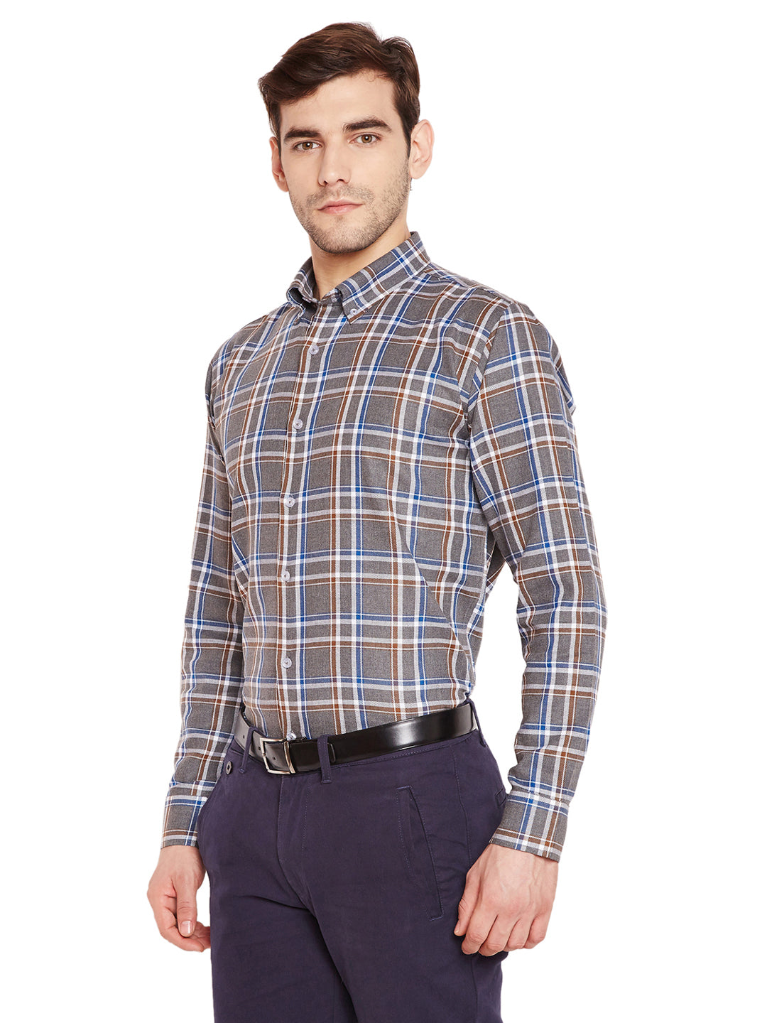 Men Grey & Navy Blue Checks Slim Fit Pure Cotton Formal Shirt