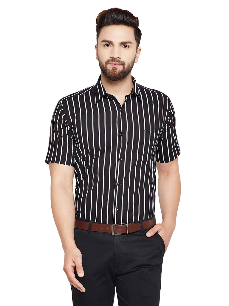 Men Black White Striped Slim Fit Pure Cotton Formal Shirt