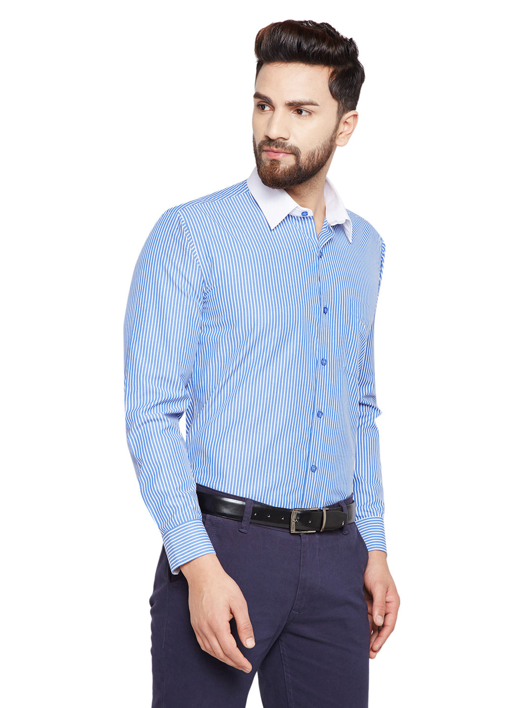 Men Blue & White Stripes Slim Fit Pure Cotton Formal Shirt