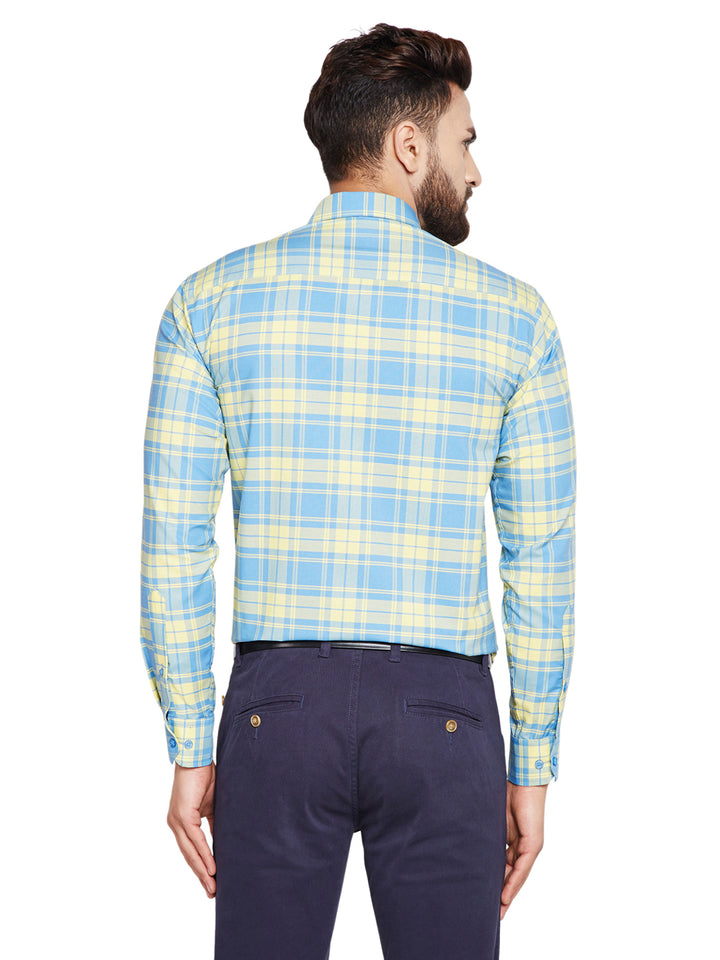 Men Yellow & Blue Checks Slim Fit Pure Cotton Formal Shirt