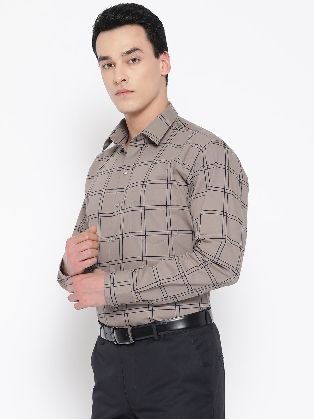 Men Brown Pure Cotton Checked Slim Fit Formal Shirt