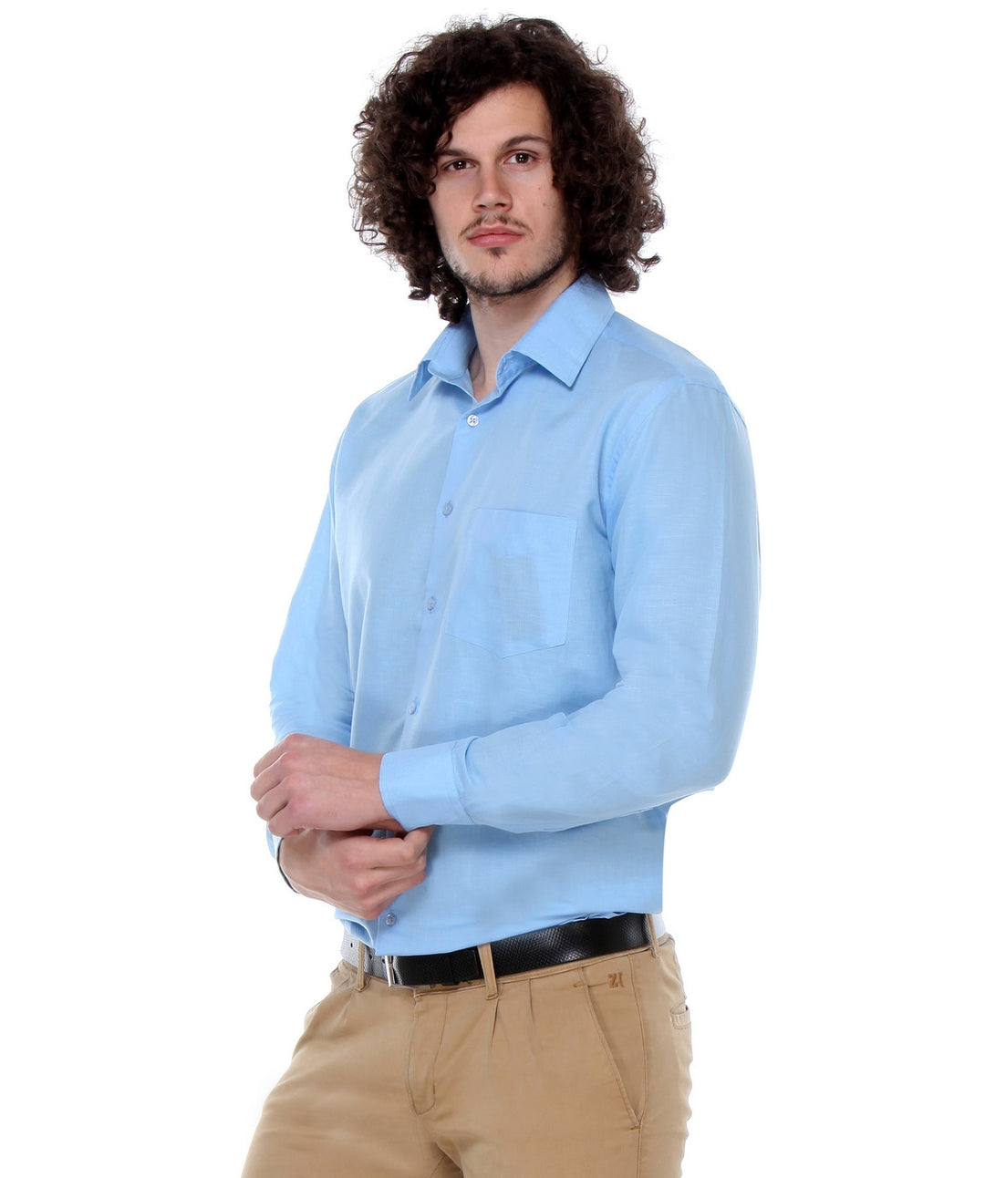 Men Sky Blue Regular Fit Solid Cotton Linen Formal Shirt