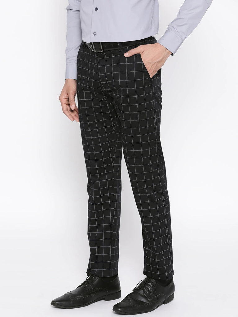 Jainish Mens Black Checked Formal Trousers  Jompers