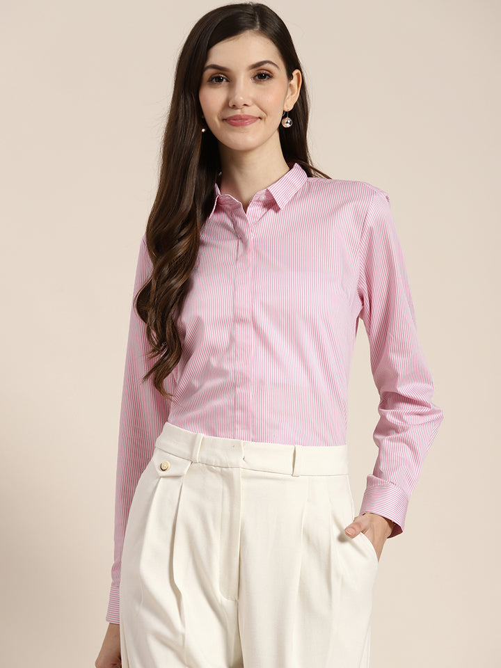 Women Pink Striped Pure Cotton Regular Fit Formal Shirt