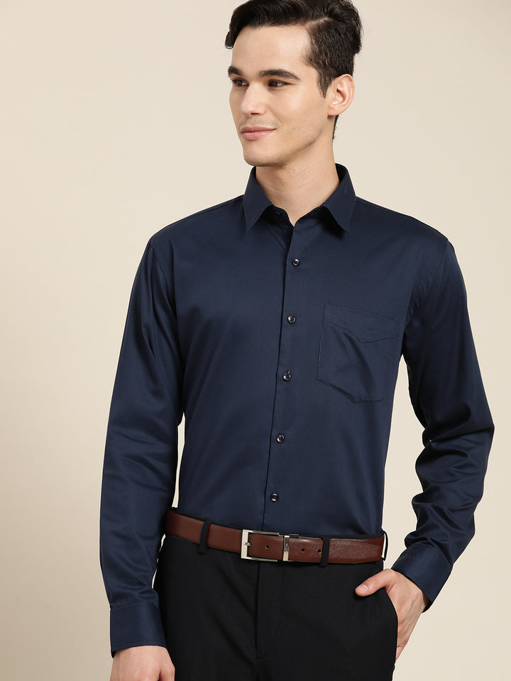 Men Navy Blue Pure Cotton Slim Fit Solid Formal Shirt