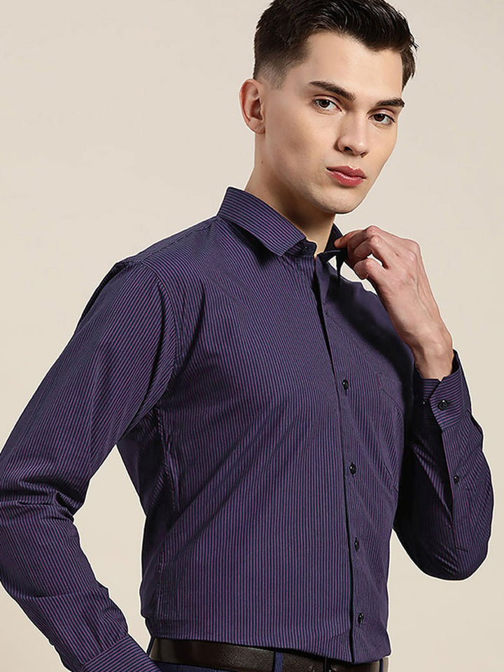 Men Navy Stripes Pure Cotton Slim Fit Formal Shirt