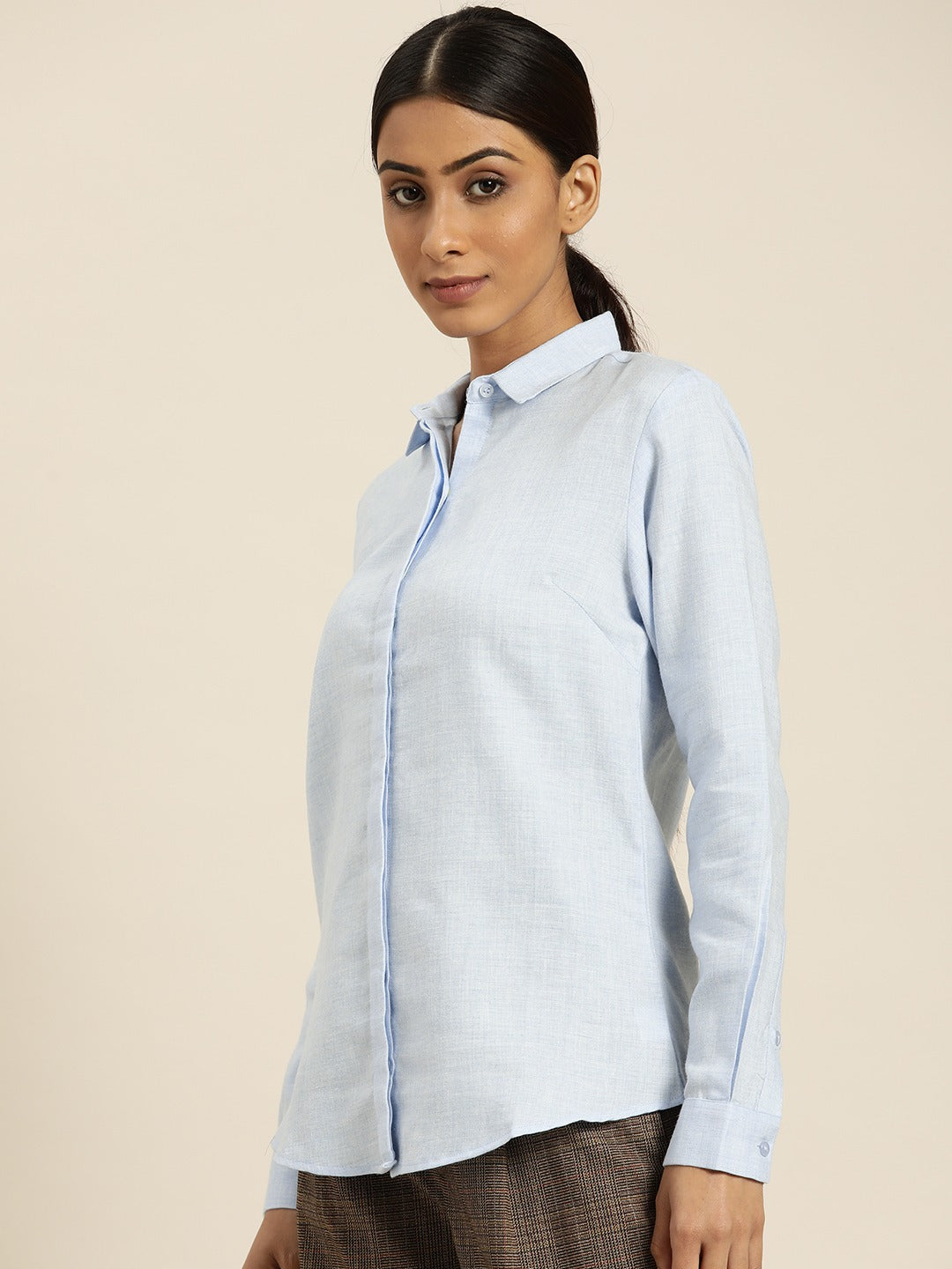 Women Blue Solids Pure Cotton Slim Fit Formal Shirt