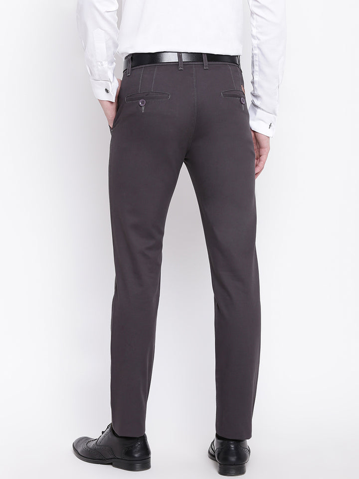 Men Dark Grey Pure Cotton Solid Slim Fit Casual Trouser