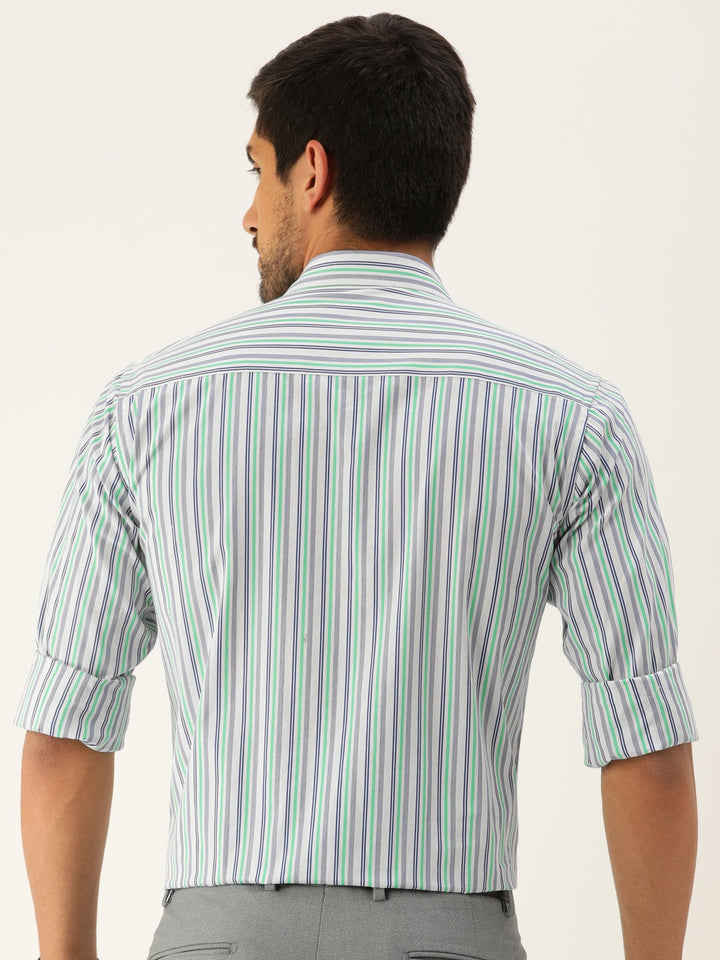 Men White & Blue Stripes Pure Cotton Slim Fit Formal Shirt