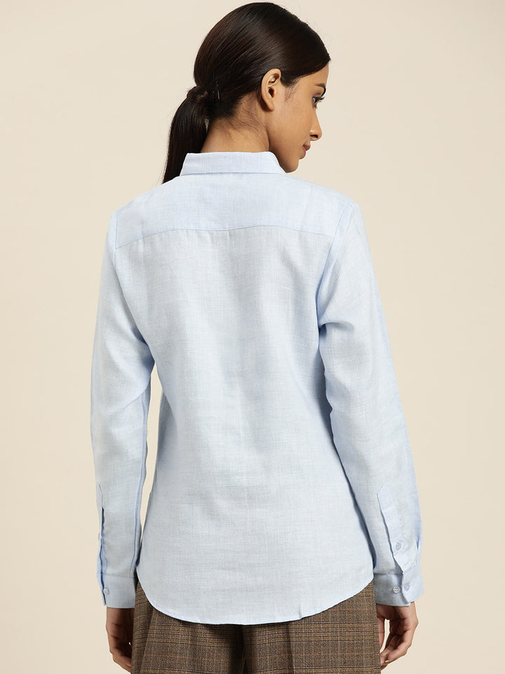 Women Blue Solids Pure Cotton Slim Fit Formal Shirt