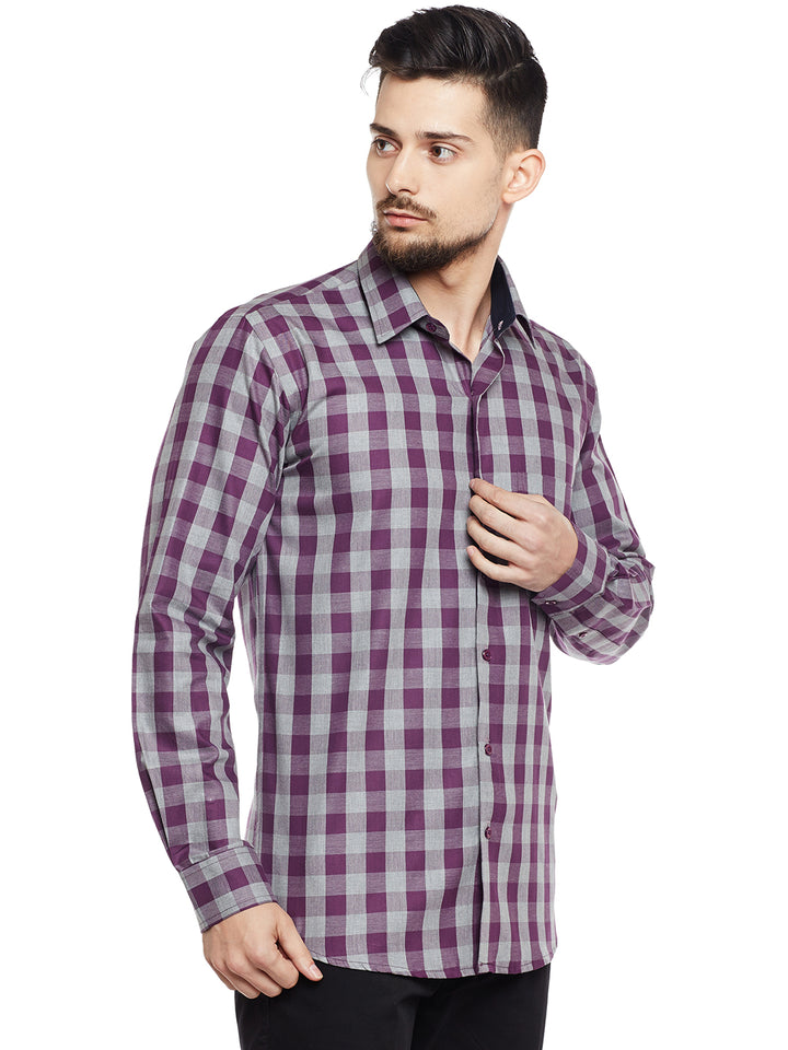 Men Grey & Wine Checked Pure Cotton Slim Fit Casual Shirt