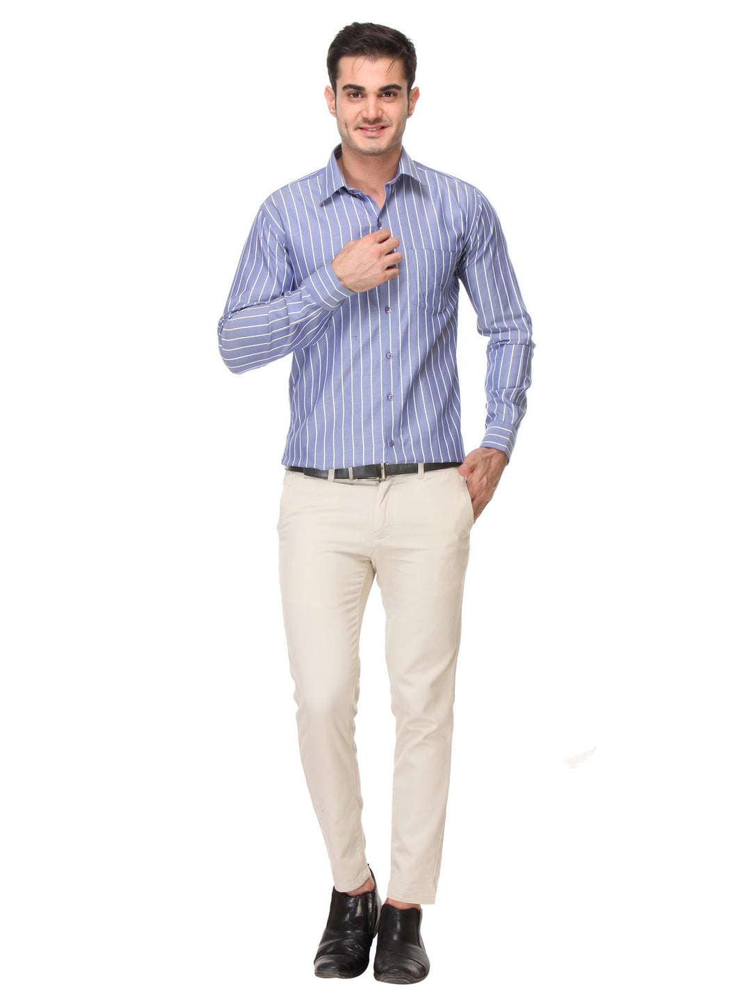 Men Blue Slim Fit Stripes Dobby Pure Cotton Formal Shirt