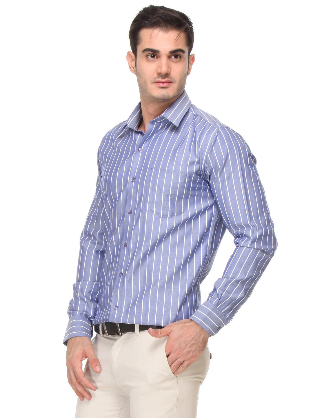 Men Blue Slim Fit Stripes Dobby Pure Cotton Formal Shirt