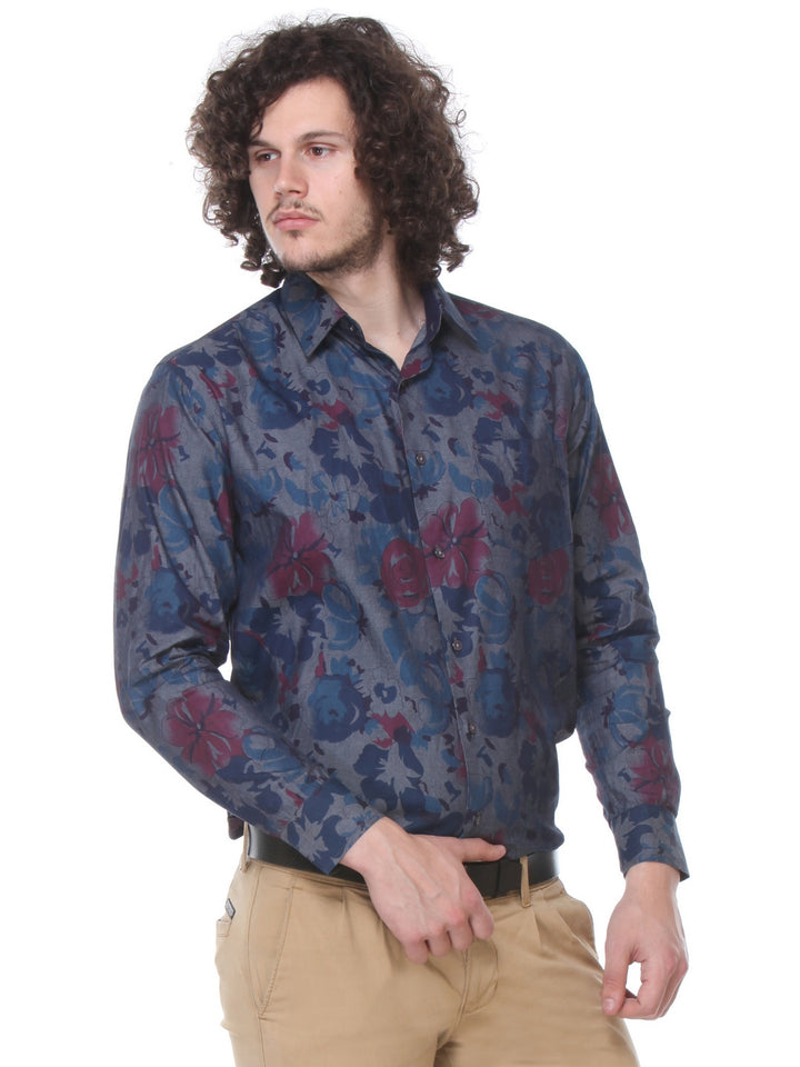 Men Navy Slim Fit Printed Pure Cotton Formal Shirt