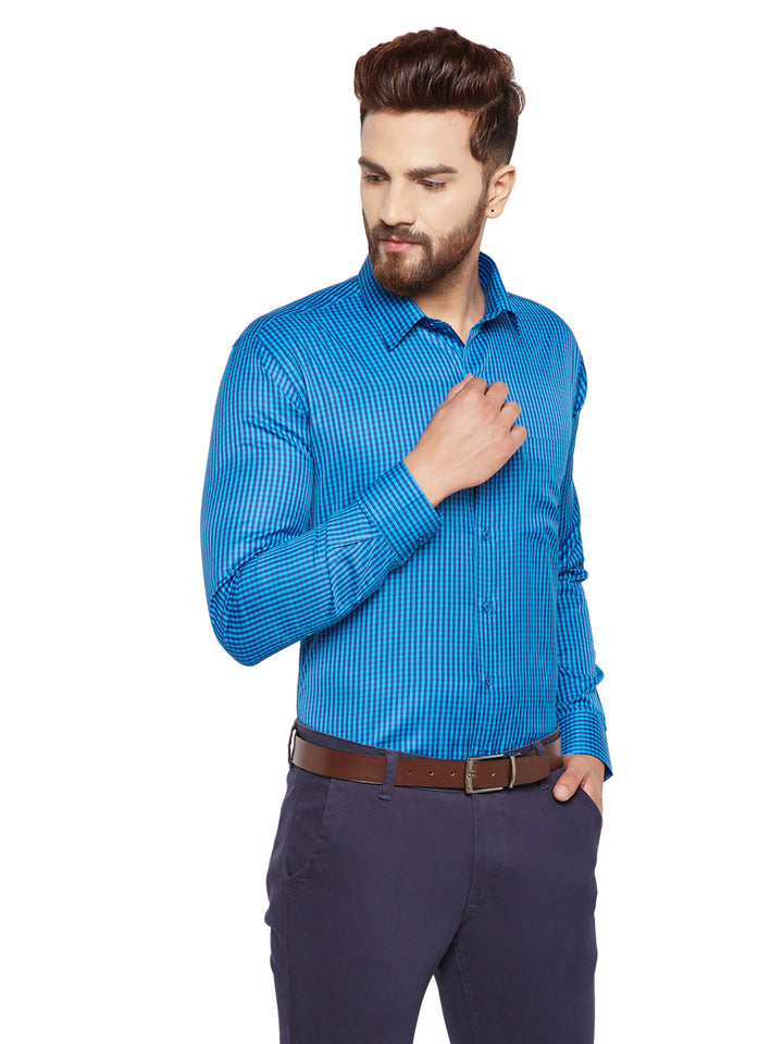 Men Blue Checks Slim Fit Cotton Rich Formal Shirt