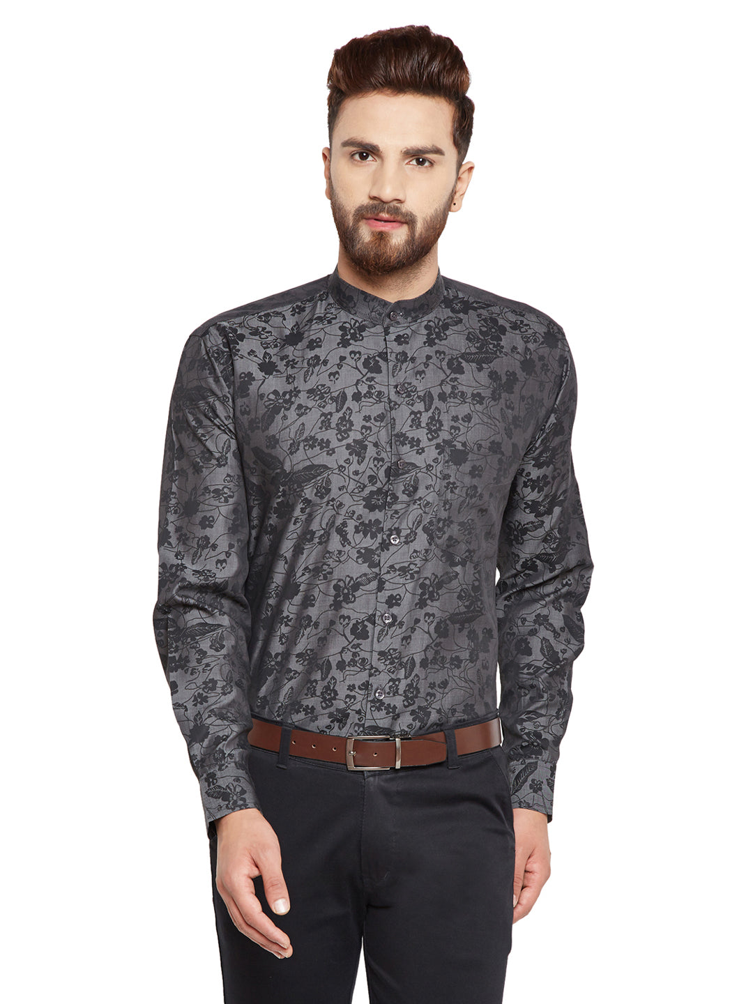 Men Grey prints Slim Fit Pure Cotton Formal Shirt