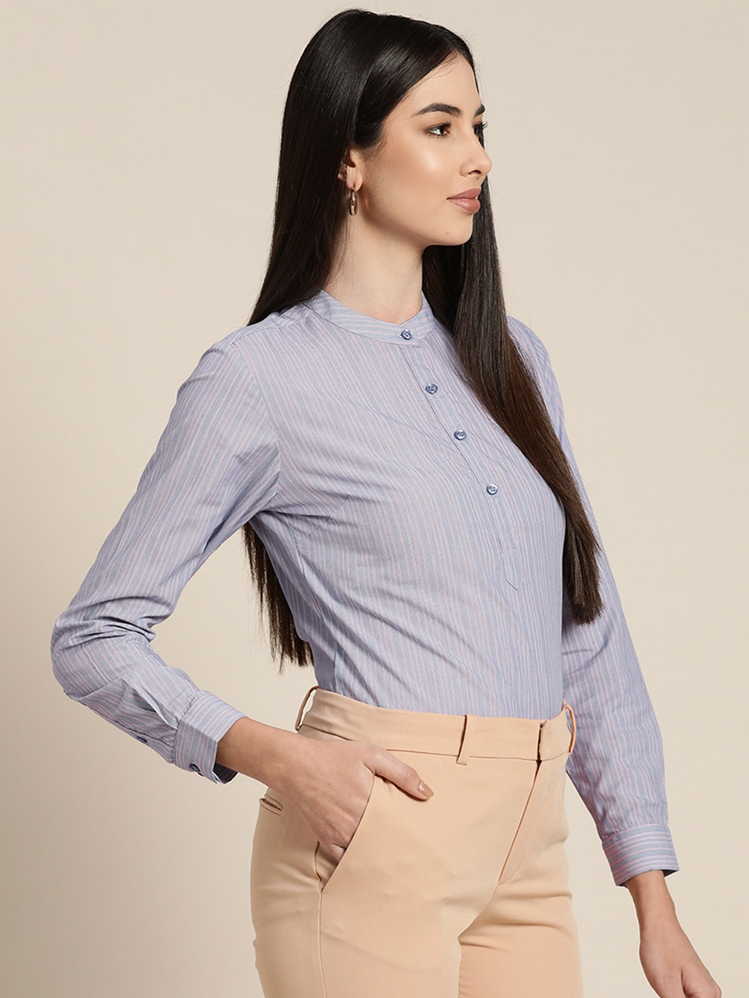 Women Sky Blue Solid Pure Cotton Slim Fit Formal Shirt