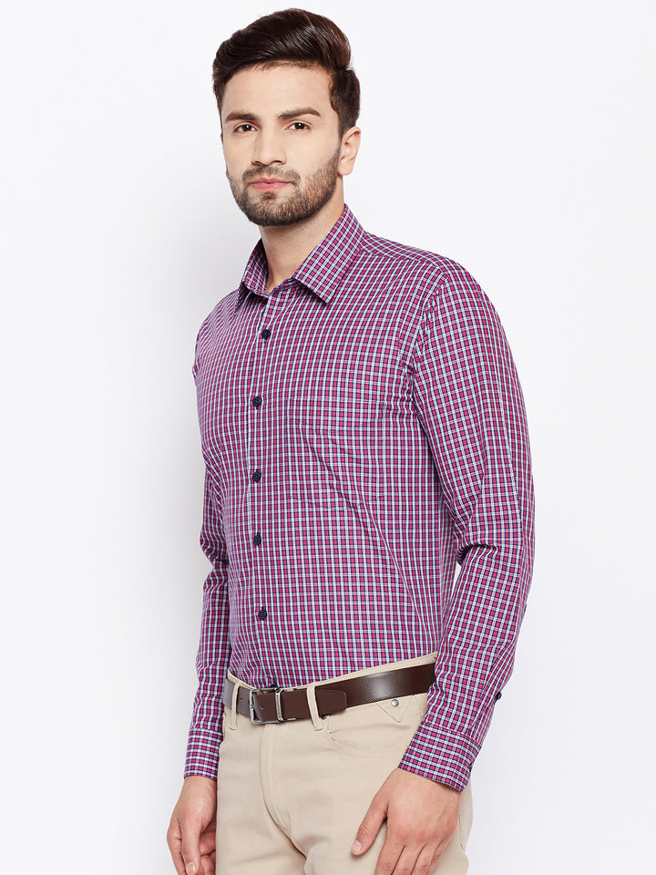 Men Navy and Red Checks Pure Cotton Slim Fit Formal Shirt