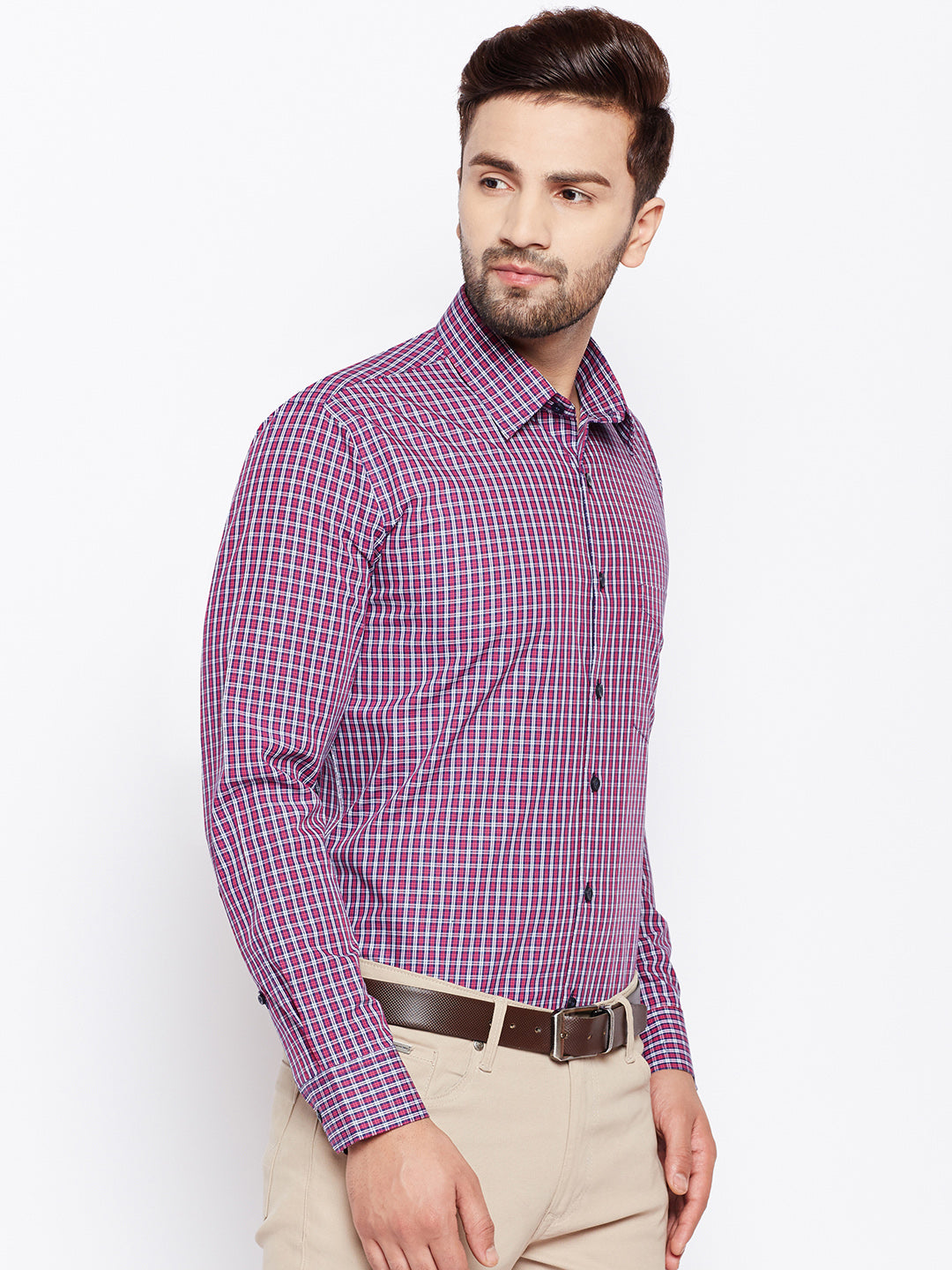 Men Navy and Red Checks Pure Cotton Slim Fit Formal Shirt