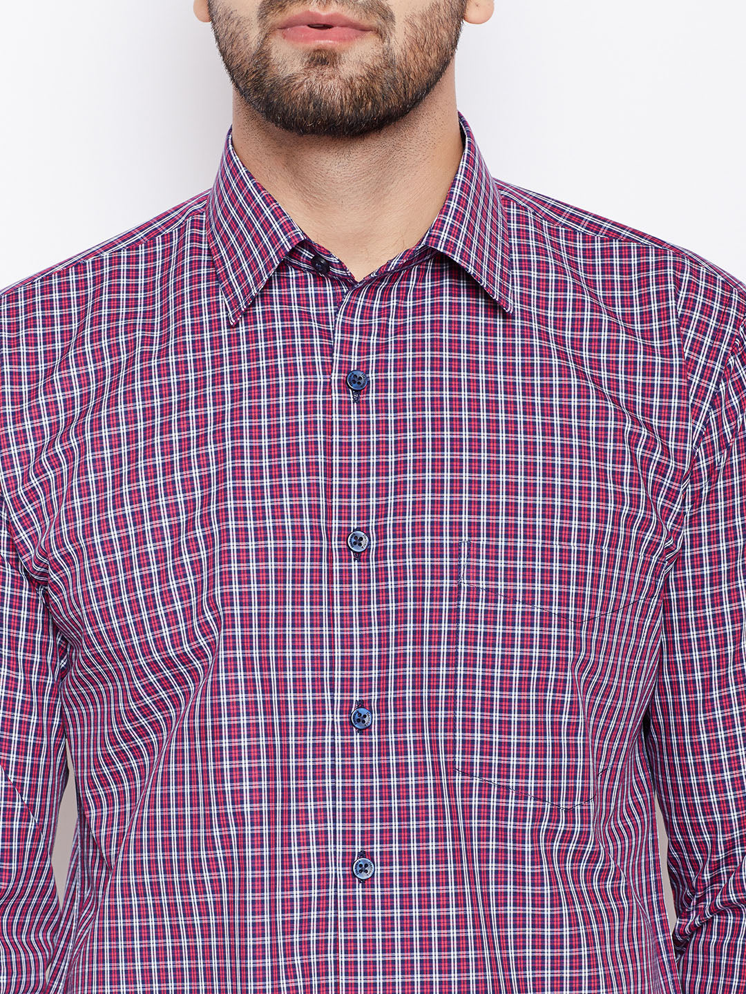 Men Navy and Red Checks Pure Cotton Slim Fit Formal Shirt