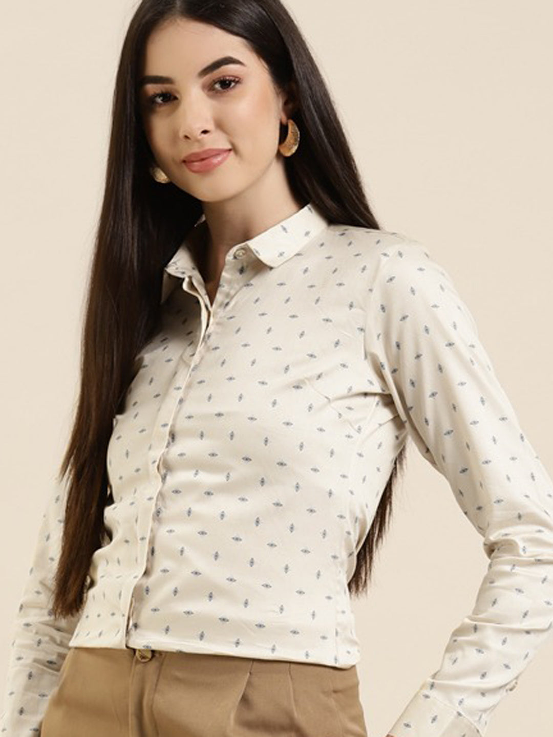 Women Beige Printed Cotton Slim Fit Formal Shirt