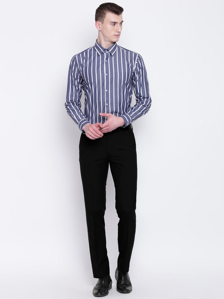 Men Grey & White Pure Cotton Striped Slim Fit Formal Shirt