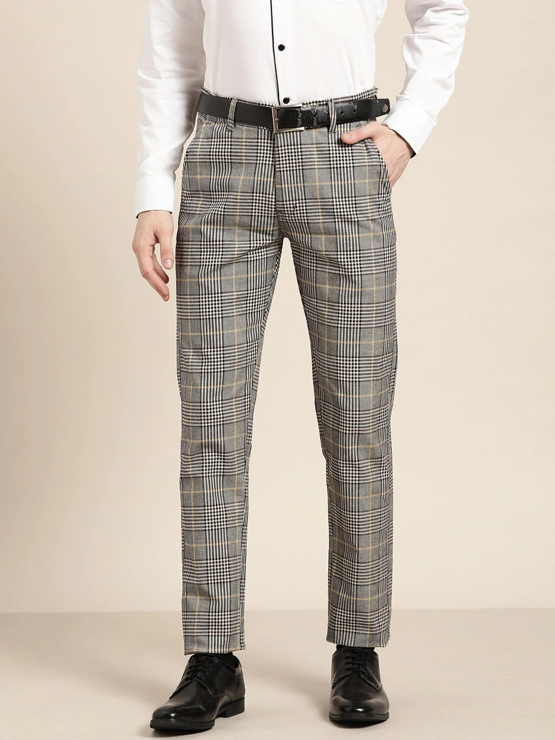 Buy SOJANYA Men Cotton Blend Grey & Blue Checked Formal Trousers online