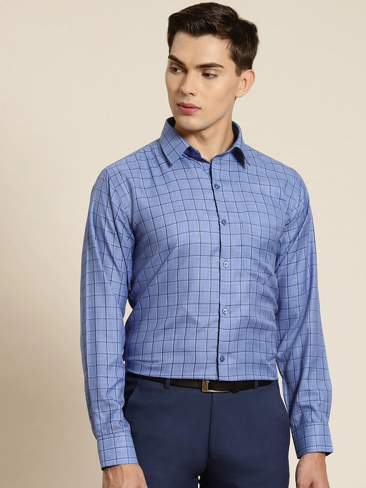 Men Blue Checks Cotton Rich Slim Fit Formal Shirt