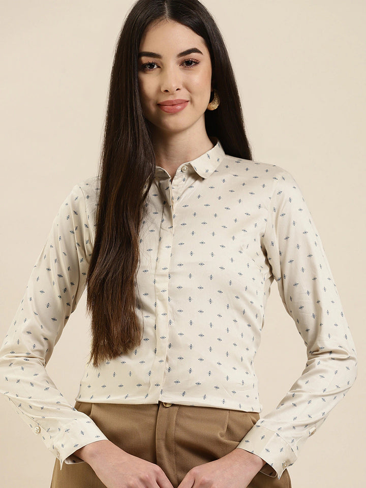 Women Beige Printed Cotton Slim Fit Formal Shirt